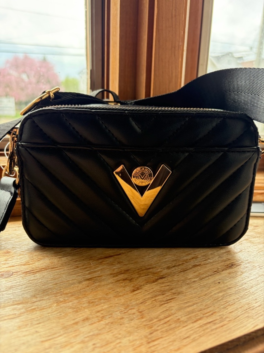 Valentino Orlandi Black Quilted Crossbody with Gold V Emblem(NWT)